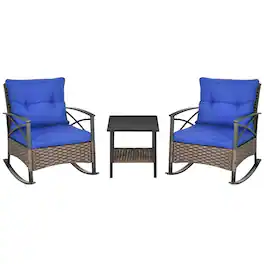 Resenkos - 3-Piece Patio Set, Outdoor Wicker Bistro with Oversize Rockers, Garden Porch Backyard Comfort - Blue