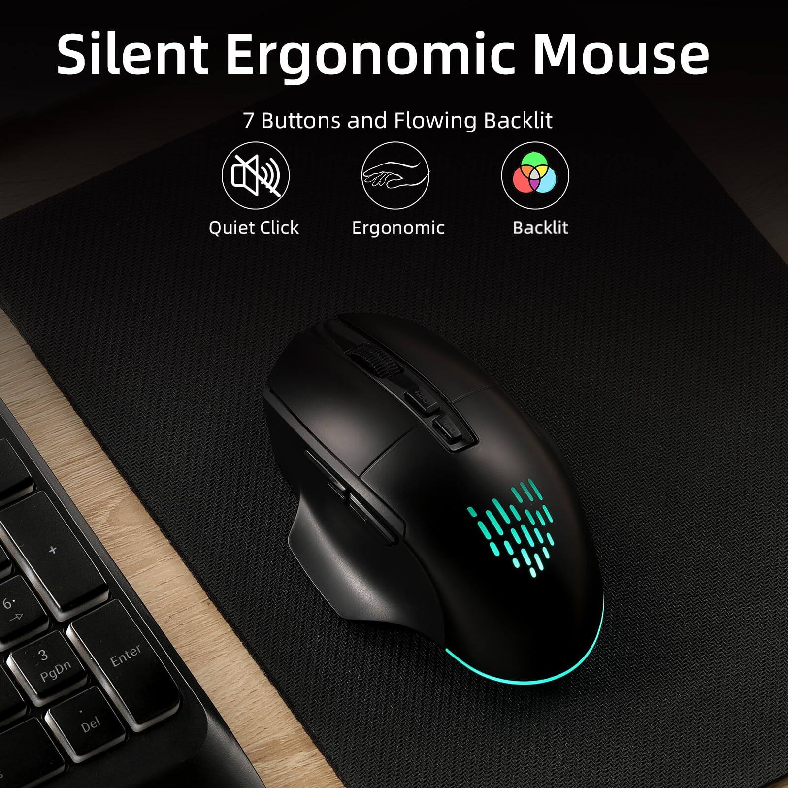 Silent Ergonomic Mouse

7 Buttons and Flowing Backlit

- Quiet Click
- Ergonomic
- Backlit