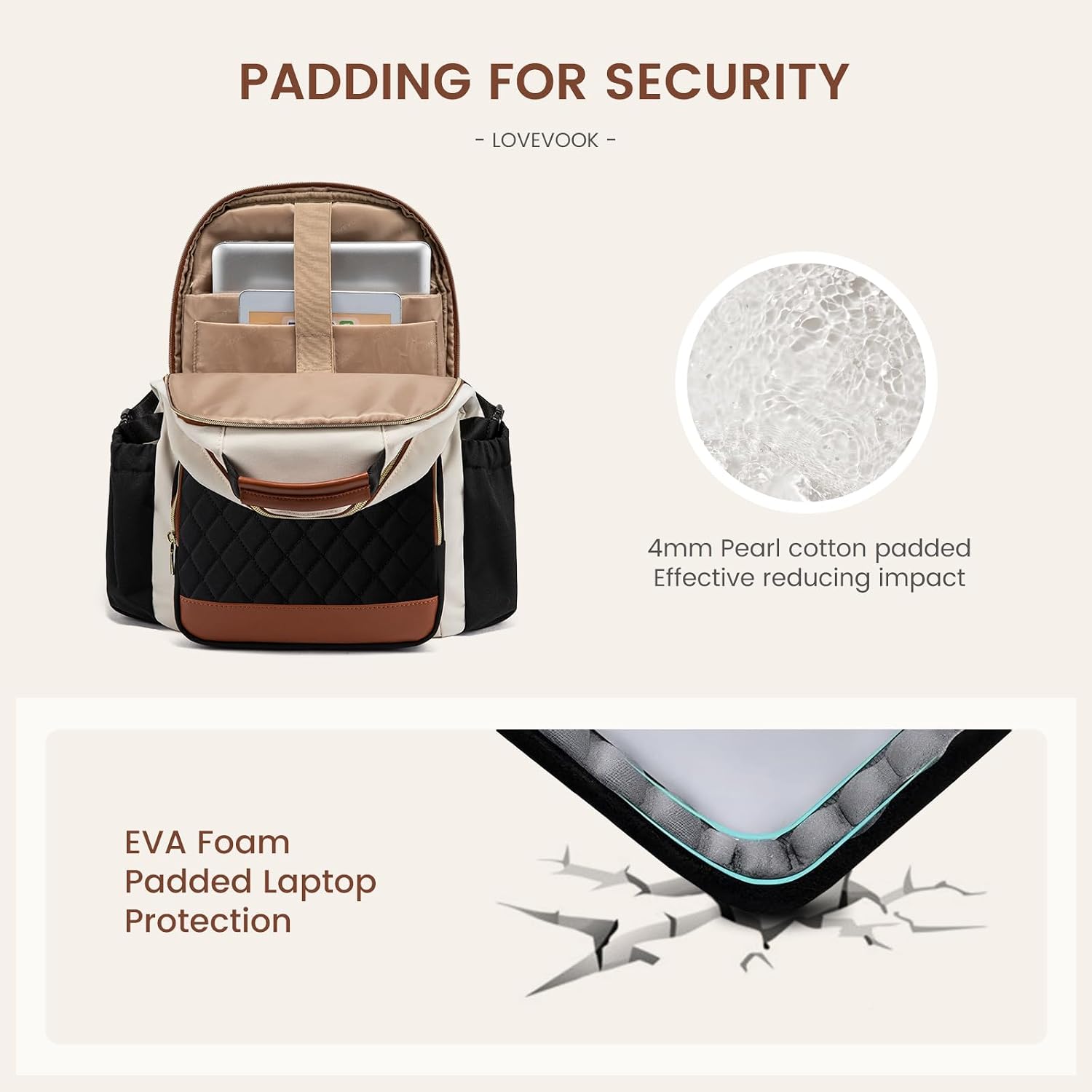 PADDING FOR SECURITY  
- LOVEVOOK -  
4mm Pearl cotton padded  
Effective reducing impact  
EVA Foam Padded Laptop Protection