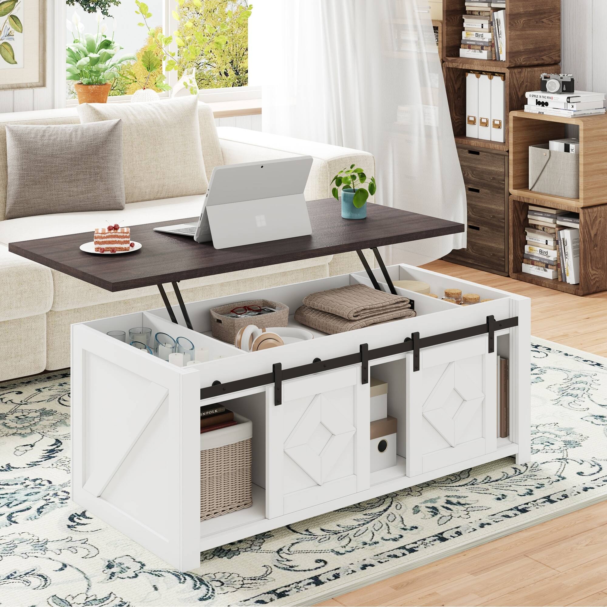 Alt View 6. U-HOMY - Lift Top Coffee Table with Storage and Sliding Barn Doors, Farmhouse Center Table for Living Room - White.