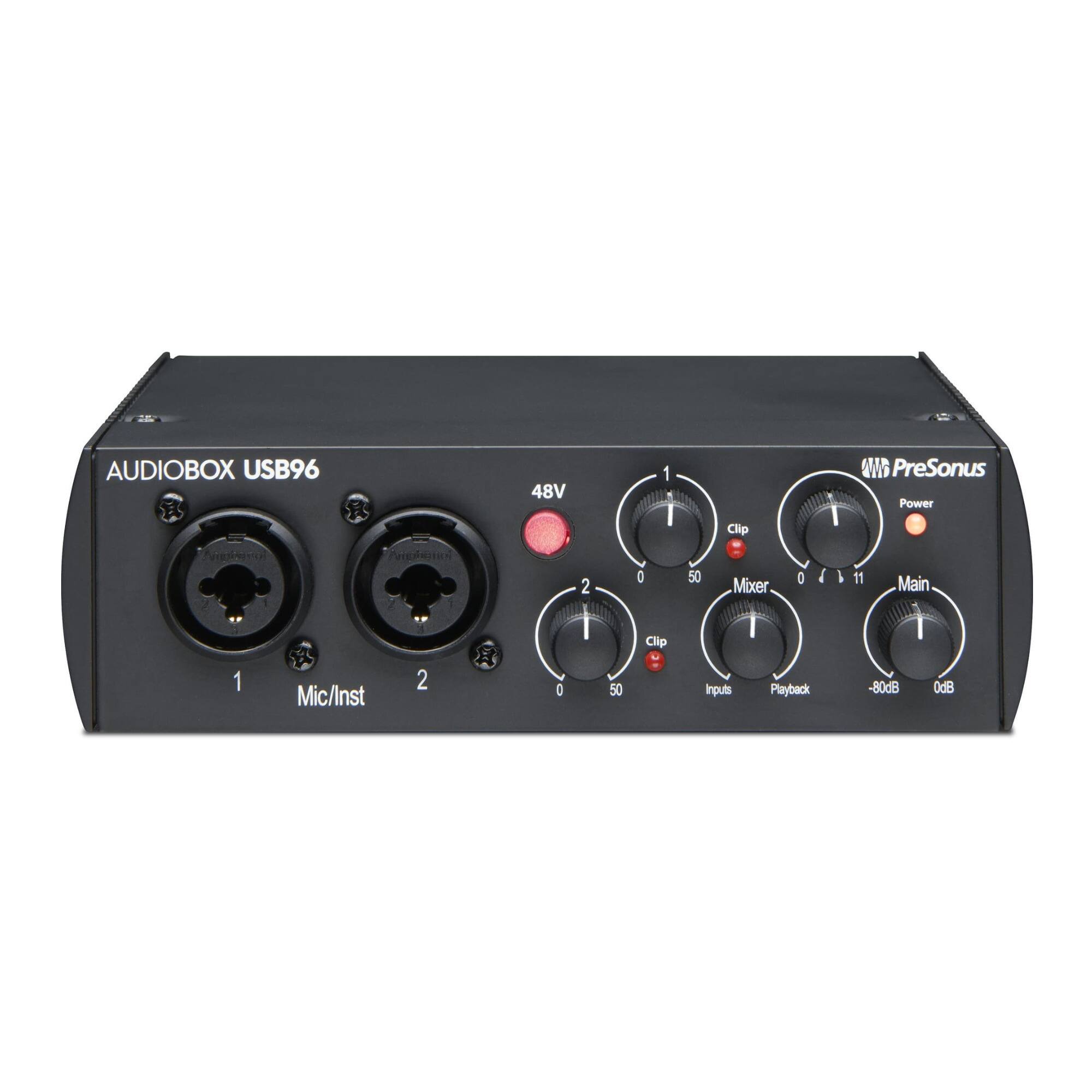 AUDIOBOX USB96  
48V  
1 2  
Mic/Inst  
Mixer  
Inputs  
Playback  
Main  
-80dB  
0dB  
Clip  
Power