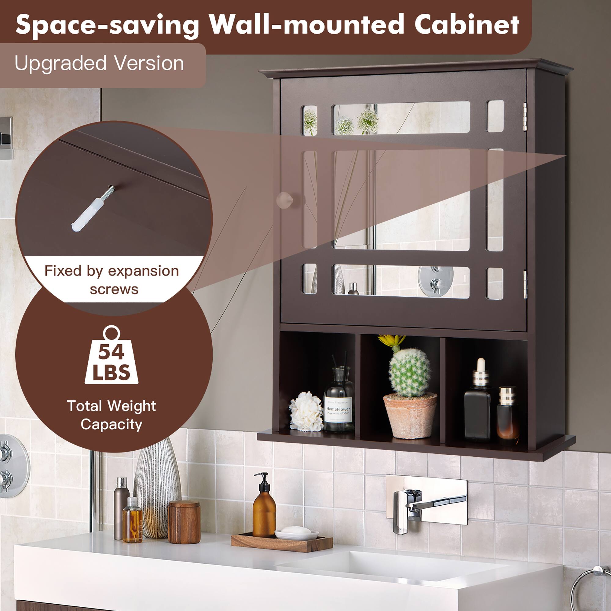 Space-saving Wall-mounted Cabinet  
Upgraded Version  

Fixed by expansion screws  

54 LBS  
Total Weight Capacity