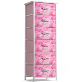 Sorbus - Narrow 6 Drawers Nightstand with Steel Frame, Wood Top, Easy Pull Fabric Bins for Home, Bedroom, Office & Dorm - Tie dye pink