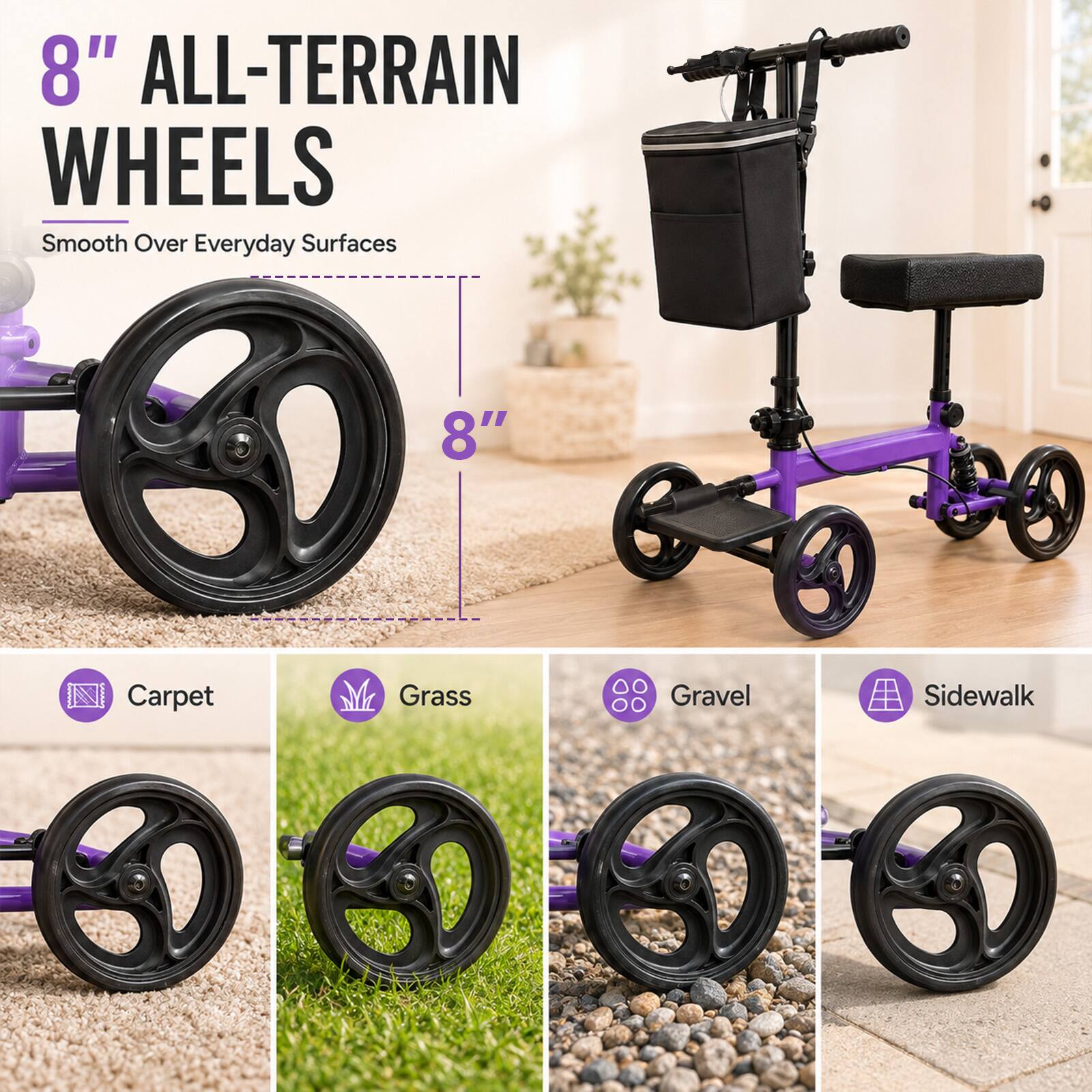 8" ALL-TERRAIN WHEELS
Smooth Over Everyday Surfaces

8"

Carpet
Grass
Gravel
Sidewalk