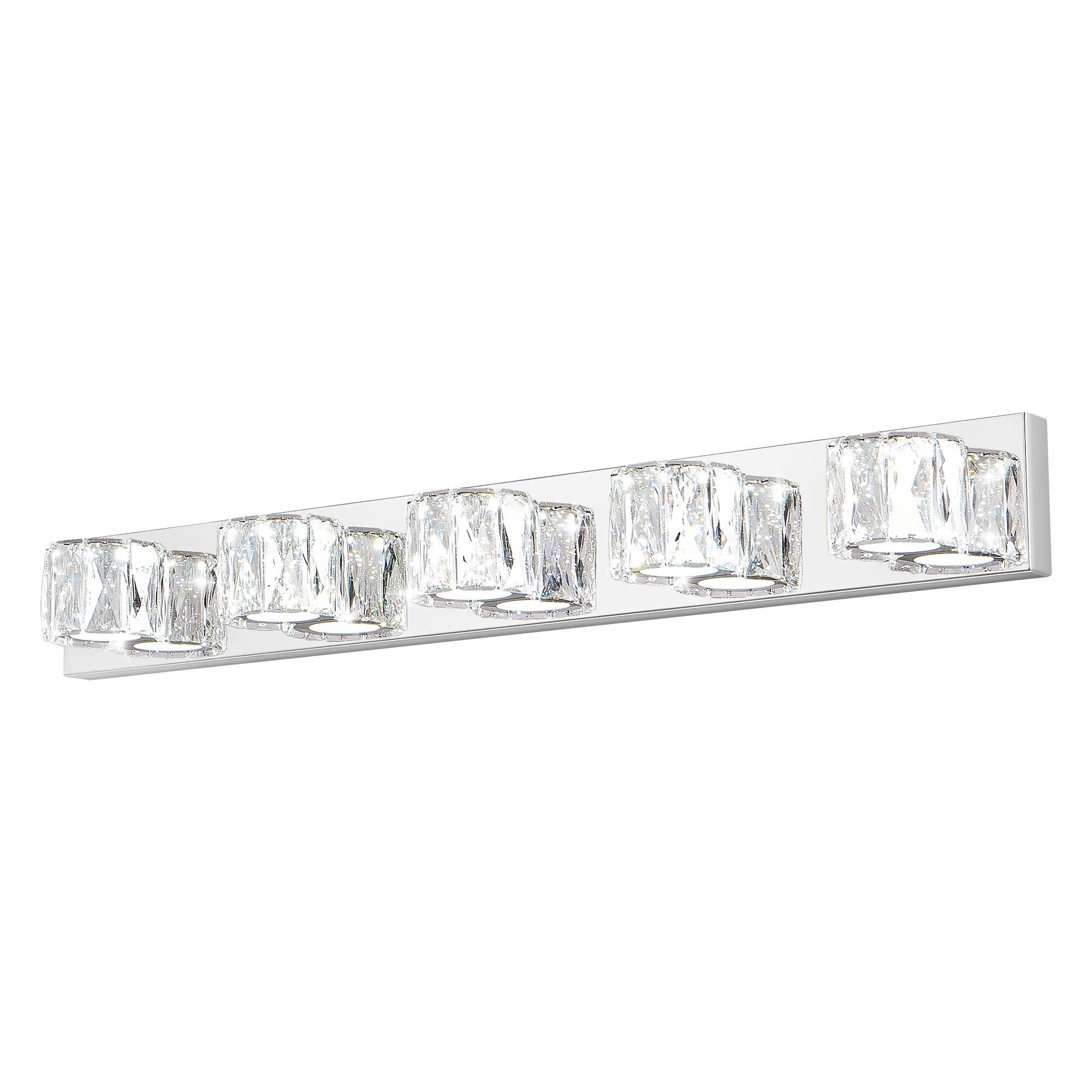 RYHNUYNE - 35-Inch Chrome LED Vanity Light with Five Crystal Shades – Modern Wall-Mounted Fixture for Bathroom, Bedroom