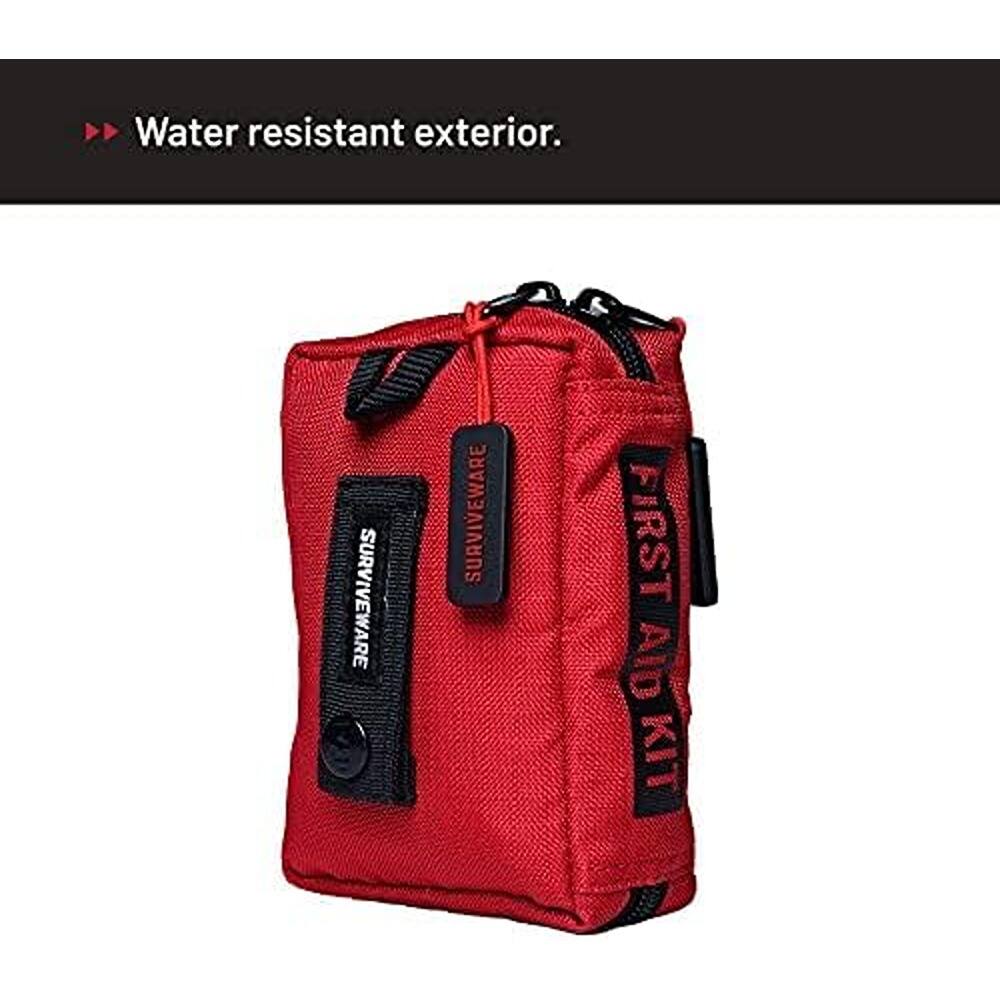 Water resistant exterior.  
SURVIVEWARE FIRST AID KIT