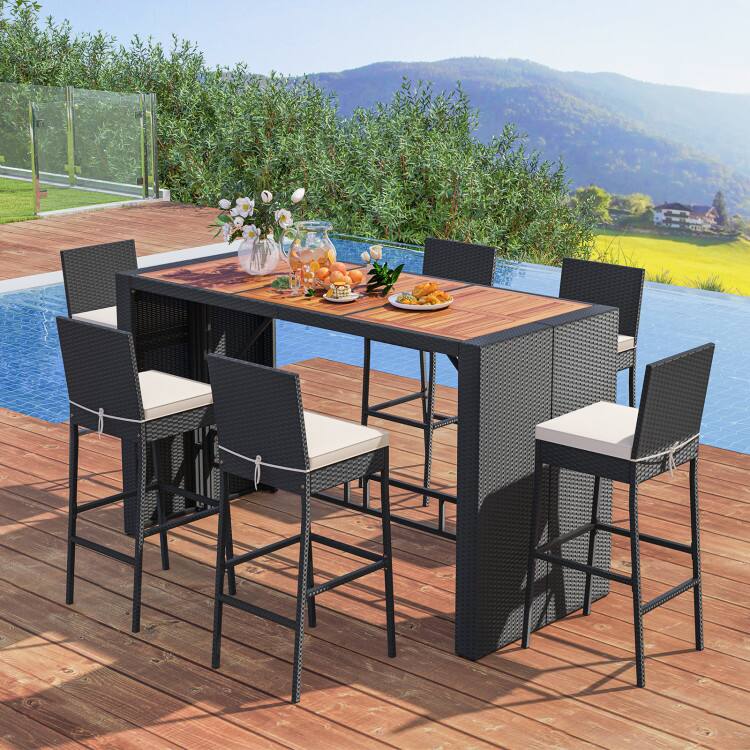 Alt View 3. Mondawe - 7-Piece Patio Rattan Bar Set w/ Cushions, Outdoor Bar Table with Acacia Wood Top and 6 Stools - Black.