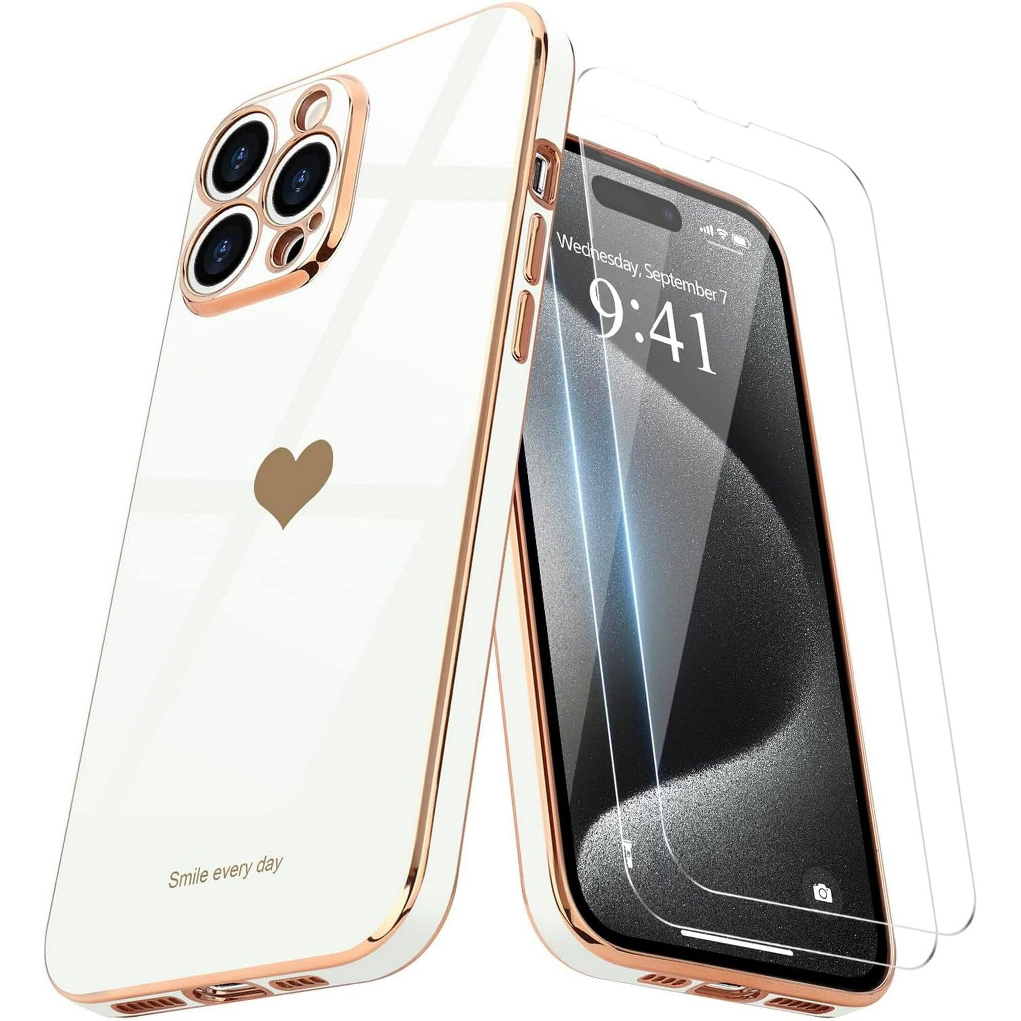 Entronix - Premium Bundle for iPhone 15 Pro Max - Glossy Heart Case & 2 Clear Screen Protectors - White