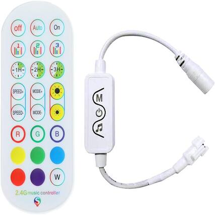 off Auto On
1 2 3
1H 2H 3H
SPEED+ MODE+
SPEED- MODE-
R G B W
2.4G music controller