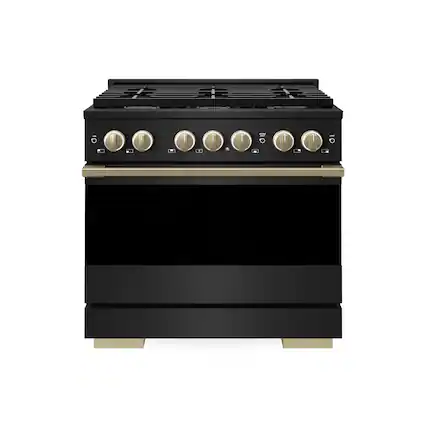 Front. ZLINE - Autograph 36 in. 5.2 cu. ft. Manual Clean Marino Freestanding Gas Range with 6 Burners and Bronze Accents - Black Stainless Steel.