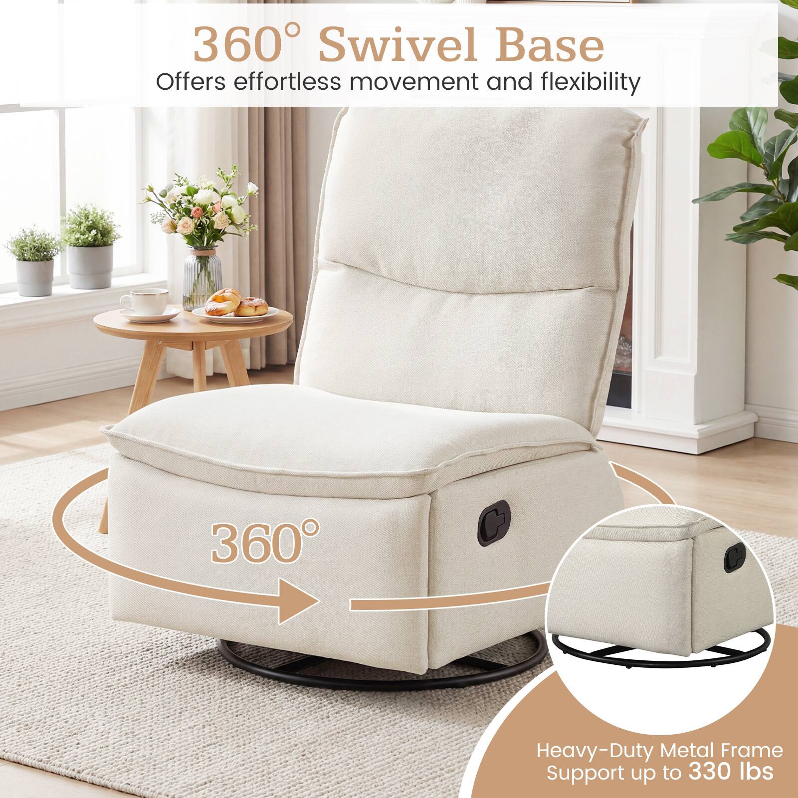 360° Swivel Base  
Offers effortless movement and flexibility  

Heavy-Duty Metal Frame  
Support up to 330 lbs