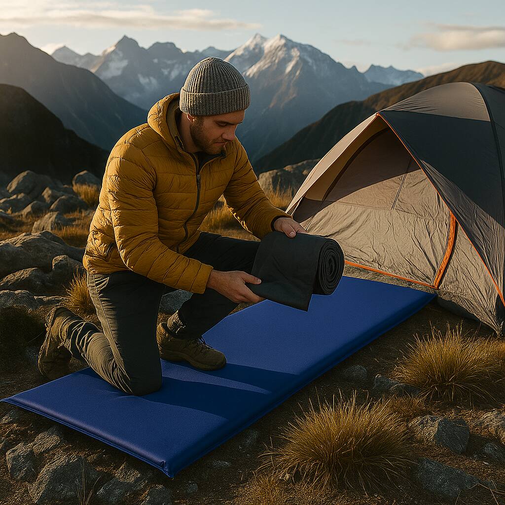 Angle. BreeBe - Compact Self-Inflating Foam Sleeping Pad with Carry Bag for Camping and Travel - Blue.