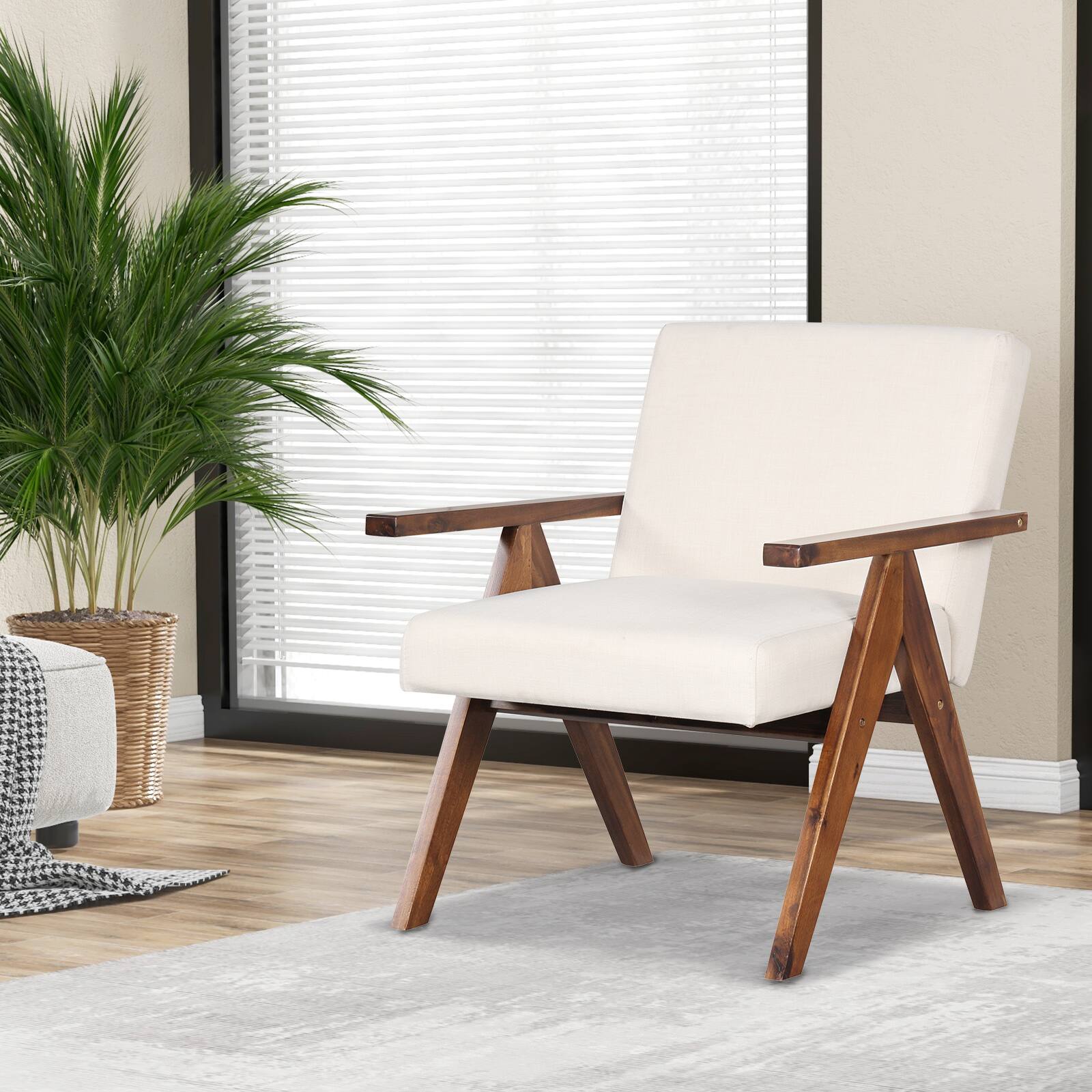 Alt View 8. Ecooso - Modern Accent Chair with Linen Fabric Armchair and Solid Acacia Wood Frame - Beige.