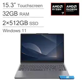 Lenovo - Upgraded - IdeaPad Slim 3 15.3" FHD+ Touchscreen Laptop - AMD Ryzen 7 170 2025 - 32GB Memory - 1TB SSD(512GB+512GB) - WiFi 6 - Arctic Grey