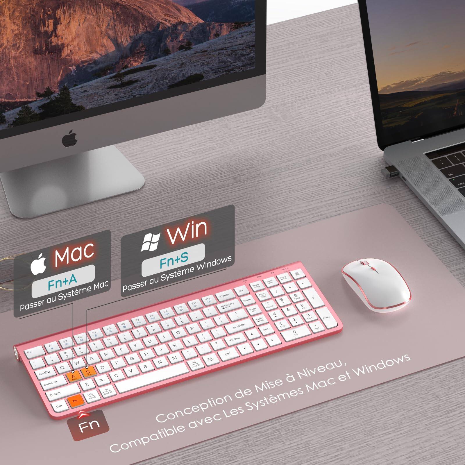 Sure, here is the corrected and grouped text from the image:

---

**Mac**  
Fn+A  
Passer au Système Mac

**Win**  
Fn+S  
Passer au Système Windows

Conception de Mise à Niveau, Compatible avec Les Systèmes Mac et Windows

---

This text is likely part of a promotional or instructional material for a keyboard that is compatible with both Mac and Windows systems.