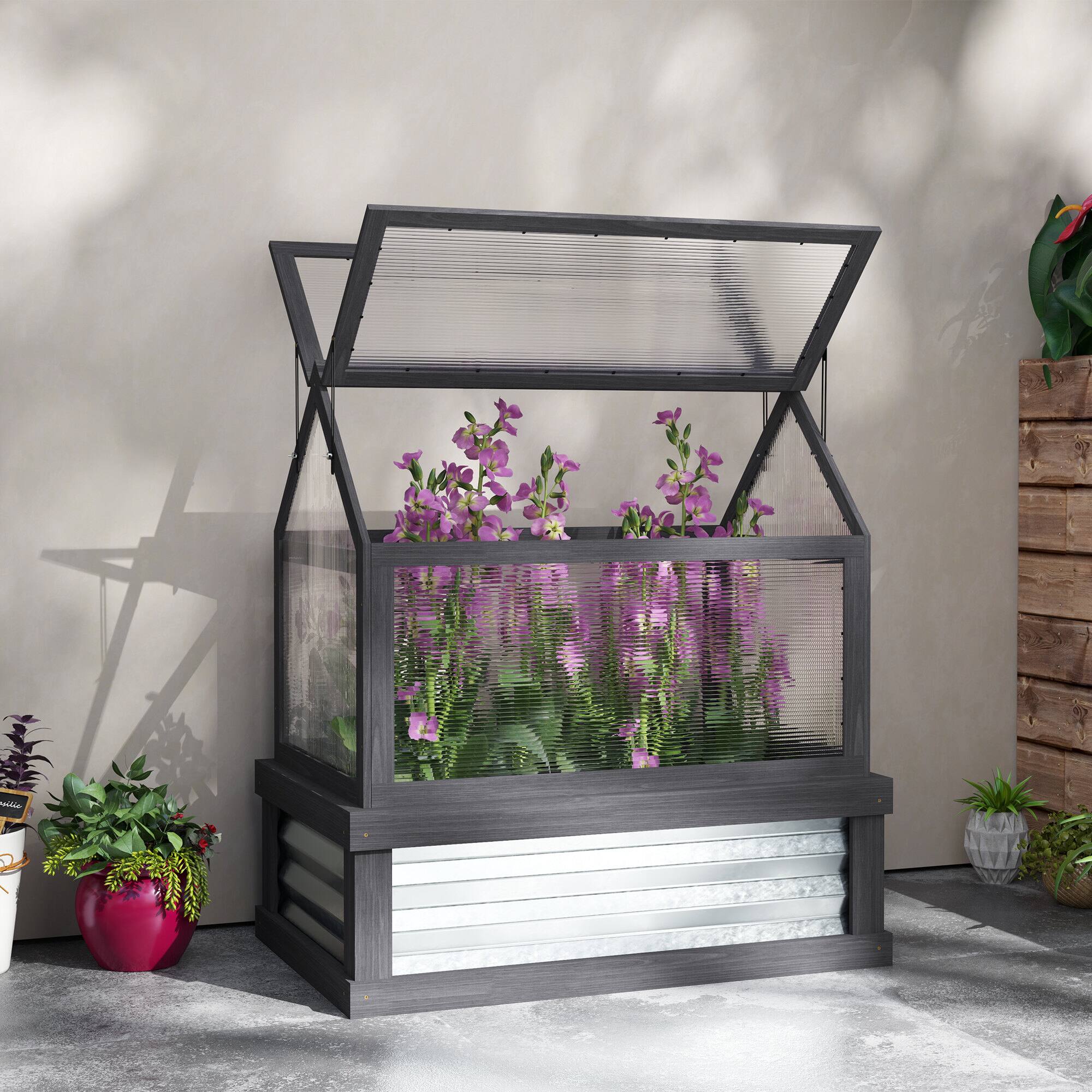 Alt View 8. Outsunny - Raised Garden Bed with Polycarbonate Greenhouse, Wooden Cold Frame Greenhouse, 35.5" x 22.5" x 38.25".