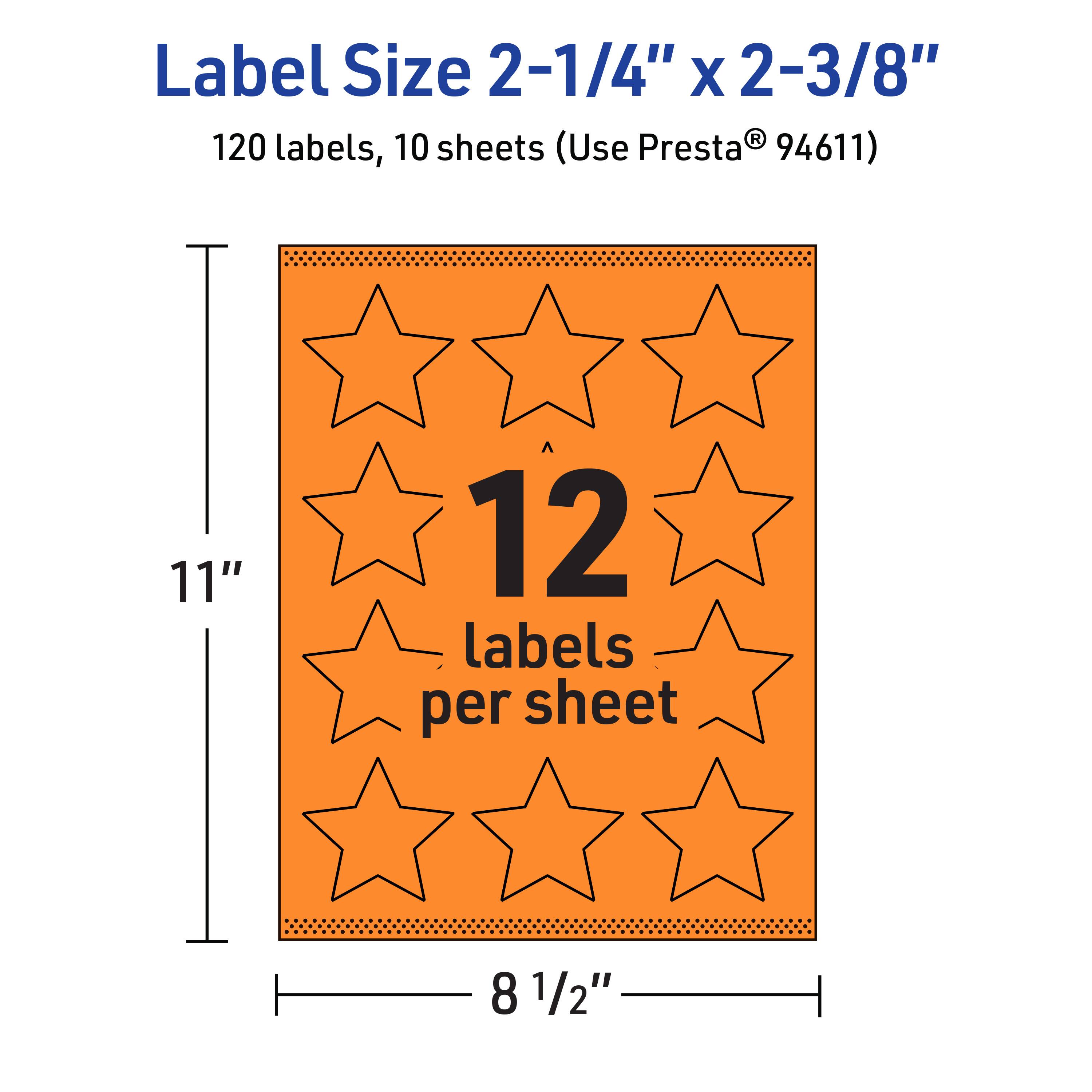 Label Size 2-1/4" x 2-3/8"  
120 labels, 10 sheets (Use Presta® 94611)  
12 labels per sheet  
11" x 8 1/2"