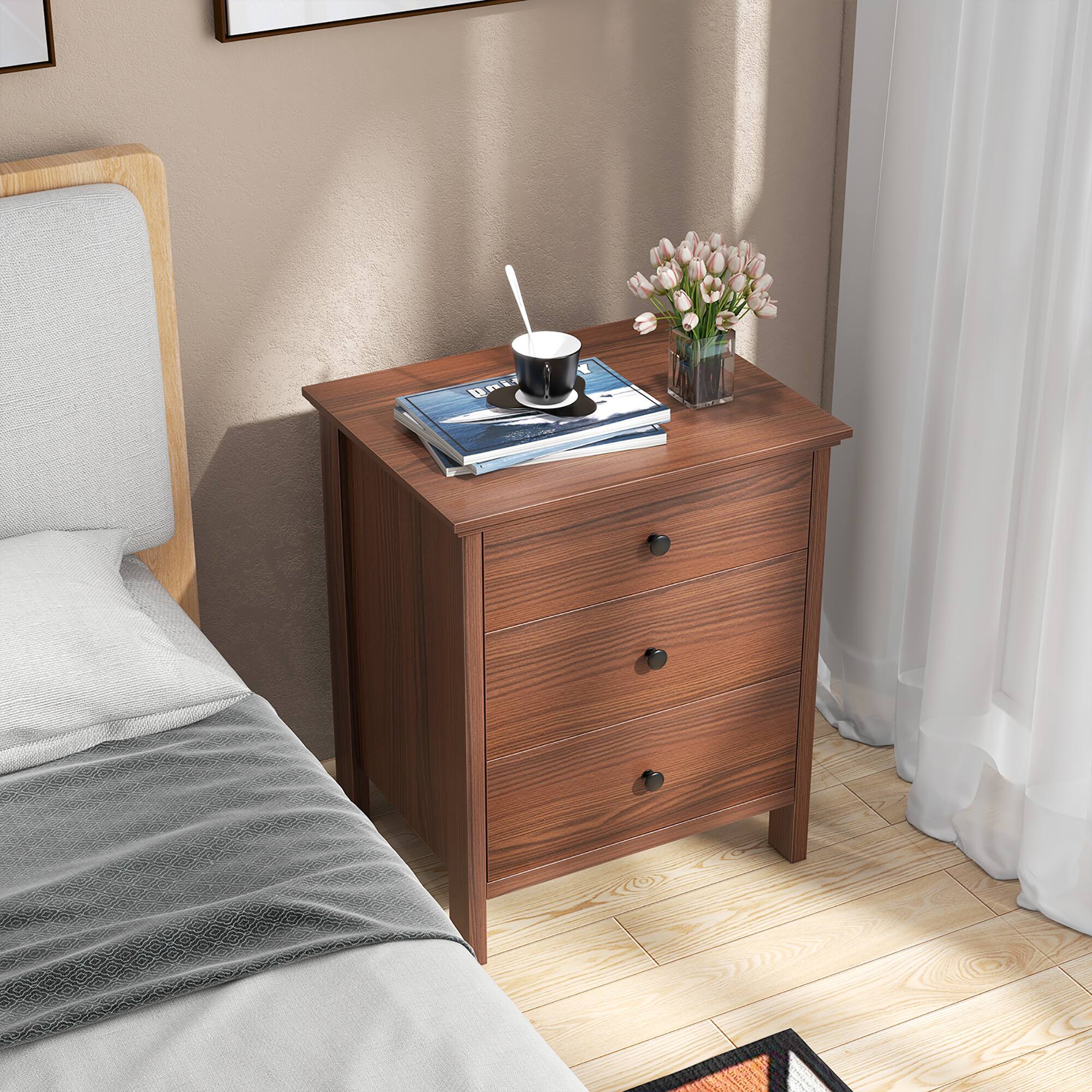 Alt View 4. Gymax - Gymax 3-Drawer End Table Nightstand Beside Accent Table Brown Bedroom - Brown.