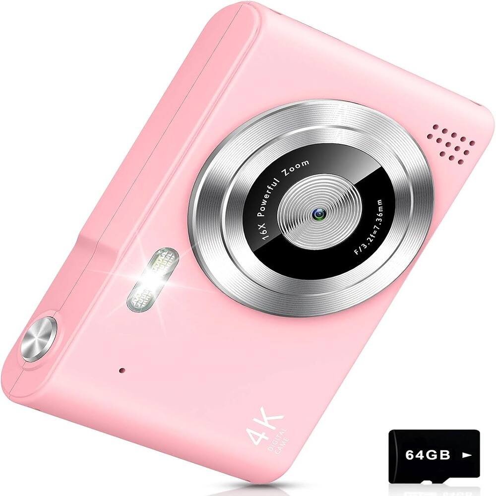 ACJPR - 4K Digital Camera, 48MP, 16X Zoom, Anti-Shake, 64GB Card (Pink)