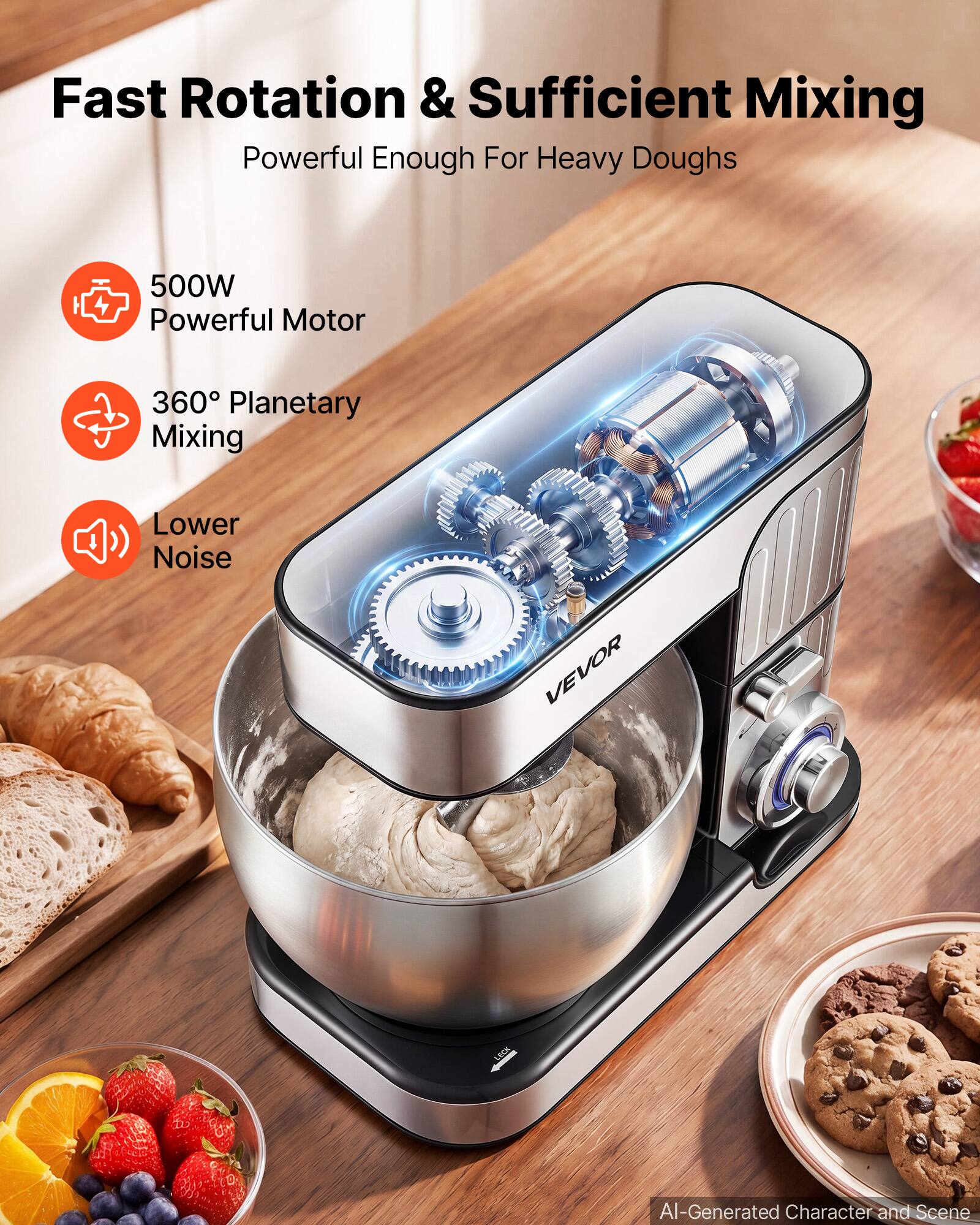 Fast Rotation & Sufficient Mixing  
Powerful Enough For Heavy Doughs  
500W Powerful Motor  
360° Planetary Mixing  
Lower Noise  
VEVOR  
AI-Generated Character and Scene