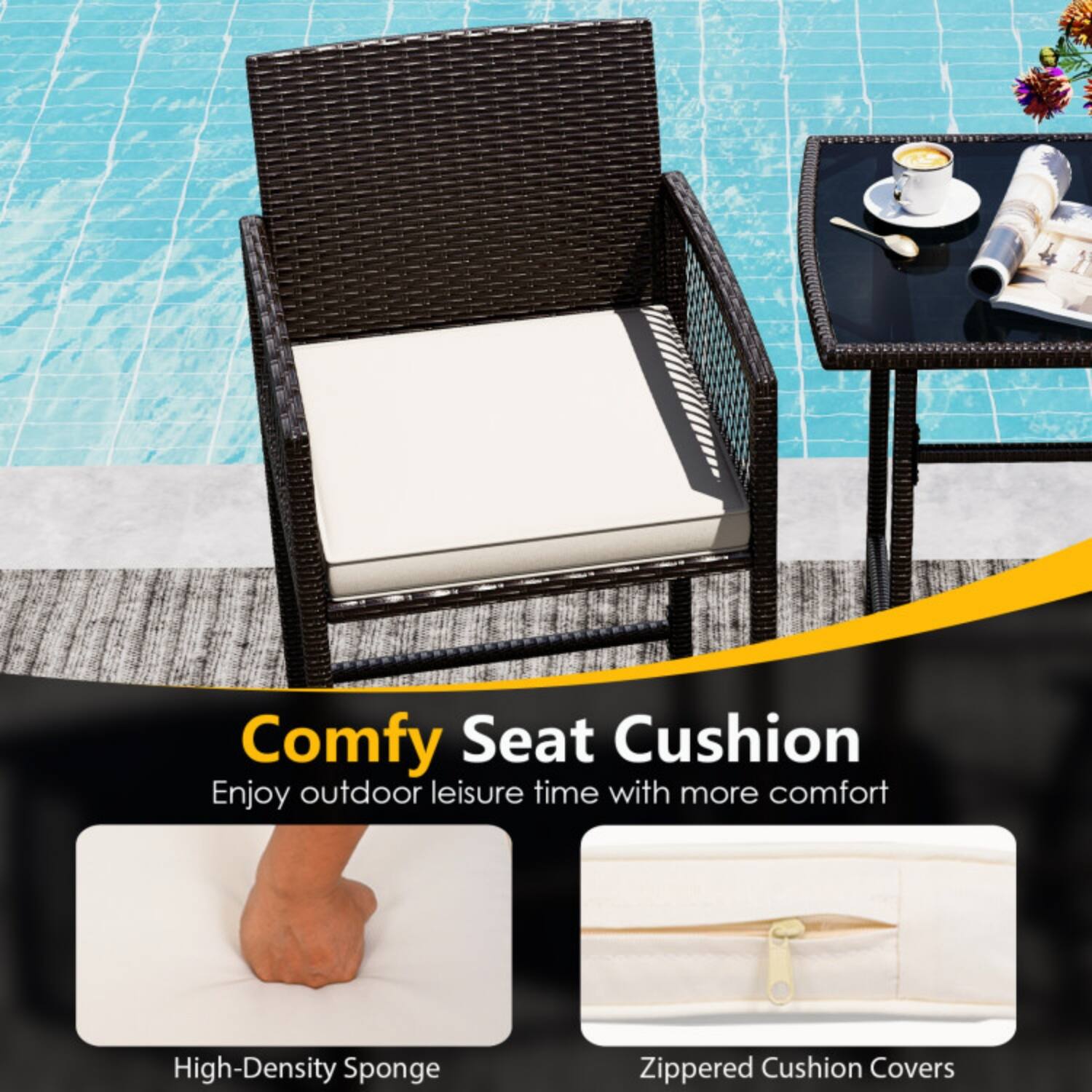 Comfy Seat Cushion  
Enjoy outdoor leisure time with more comfort  

High-Density Sponge  
Zippered Cushion Covers