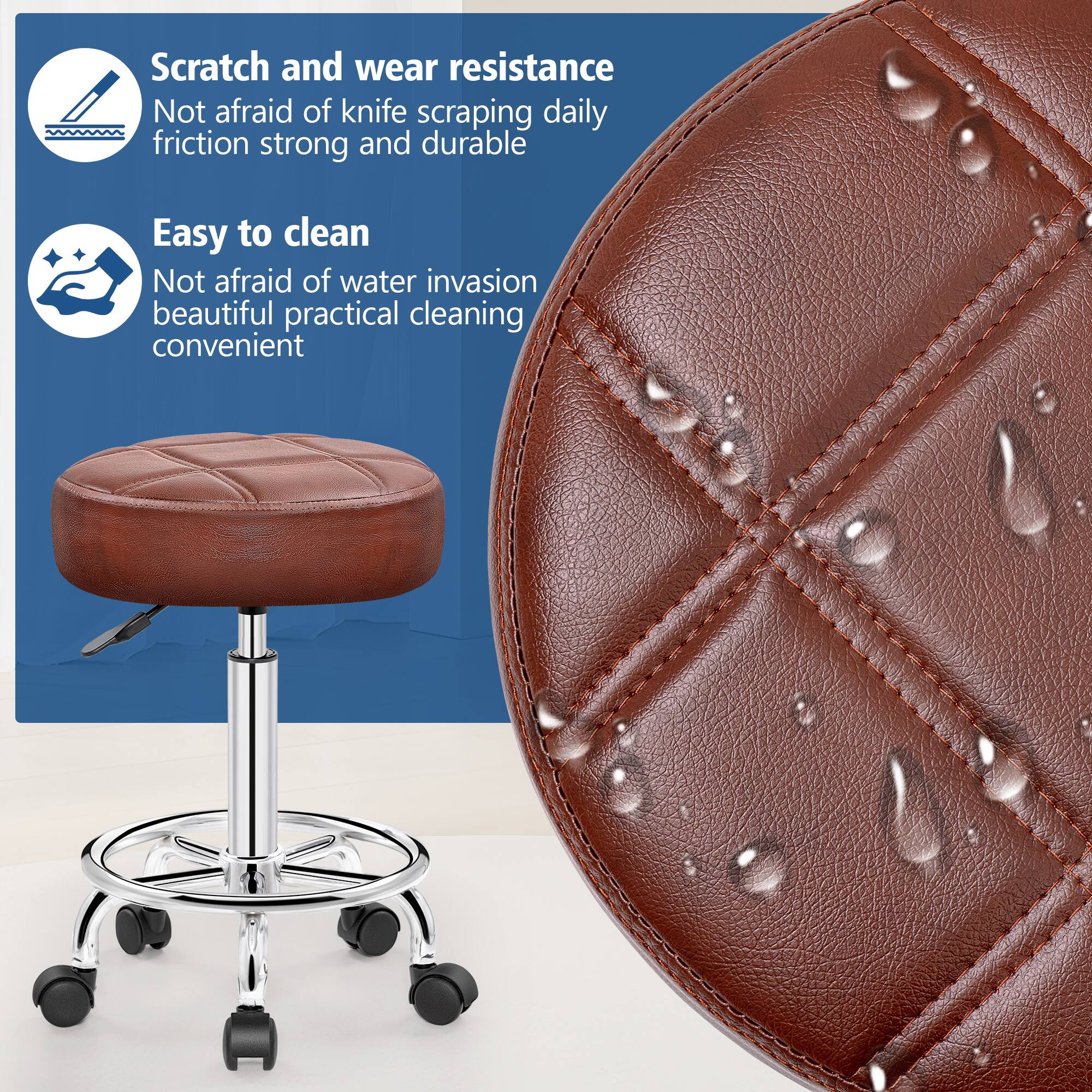 Angle. KERDOM - Versatile Rolling Stool Adjustable Height PU Leather Swivel Small Office Chair without Back for Drawing Tattoo Salon Lab - Browm.