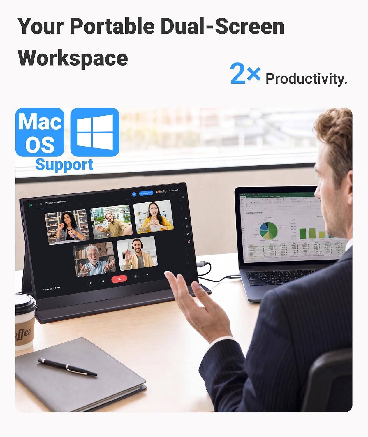 Your Portable Dual-Screen Workspace  
2x Productivity.  

Mac OS Support  

Design Department  
Carbole  
time: 2:53:00  
ffee