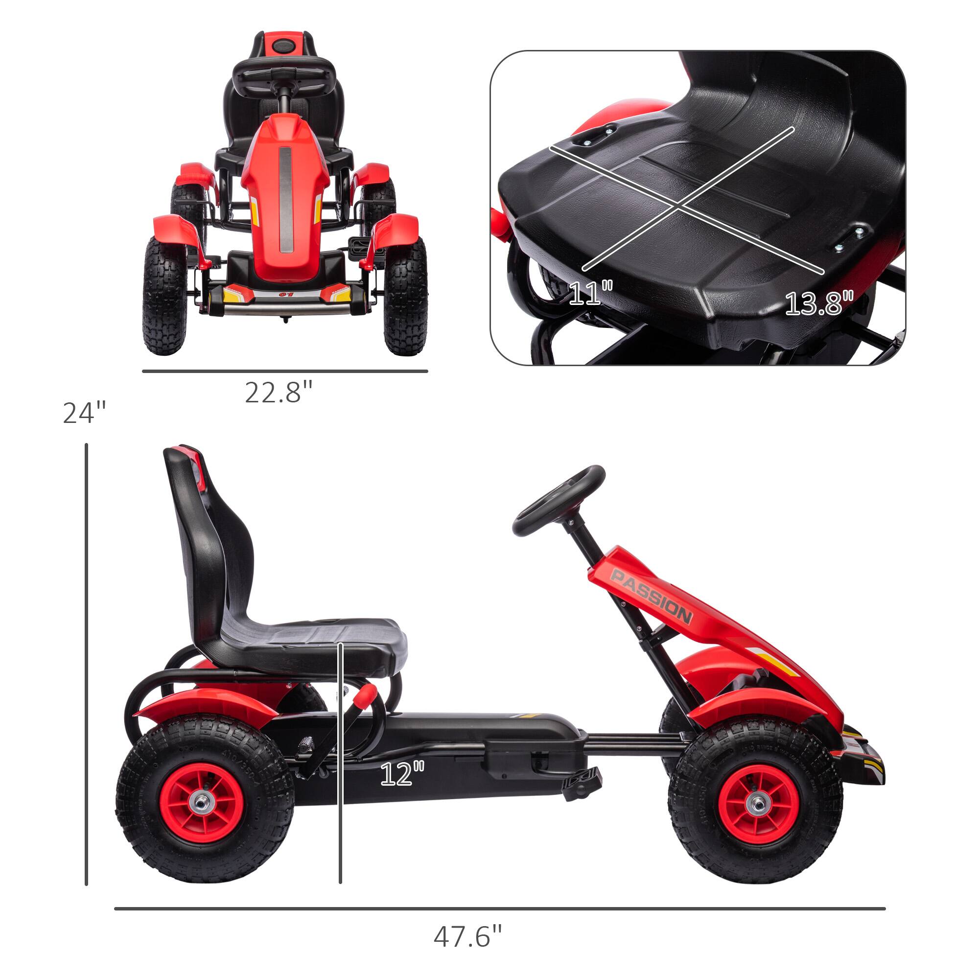- Width: 24"
- Length: 47.6"
- Seat Width: 11"
- Seat Depth: 13.8"
- Seat Height: 12"
- Wheelbase: 22.8"