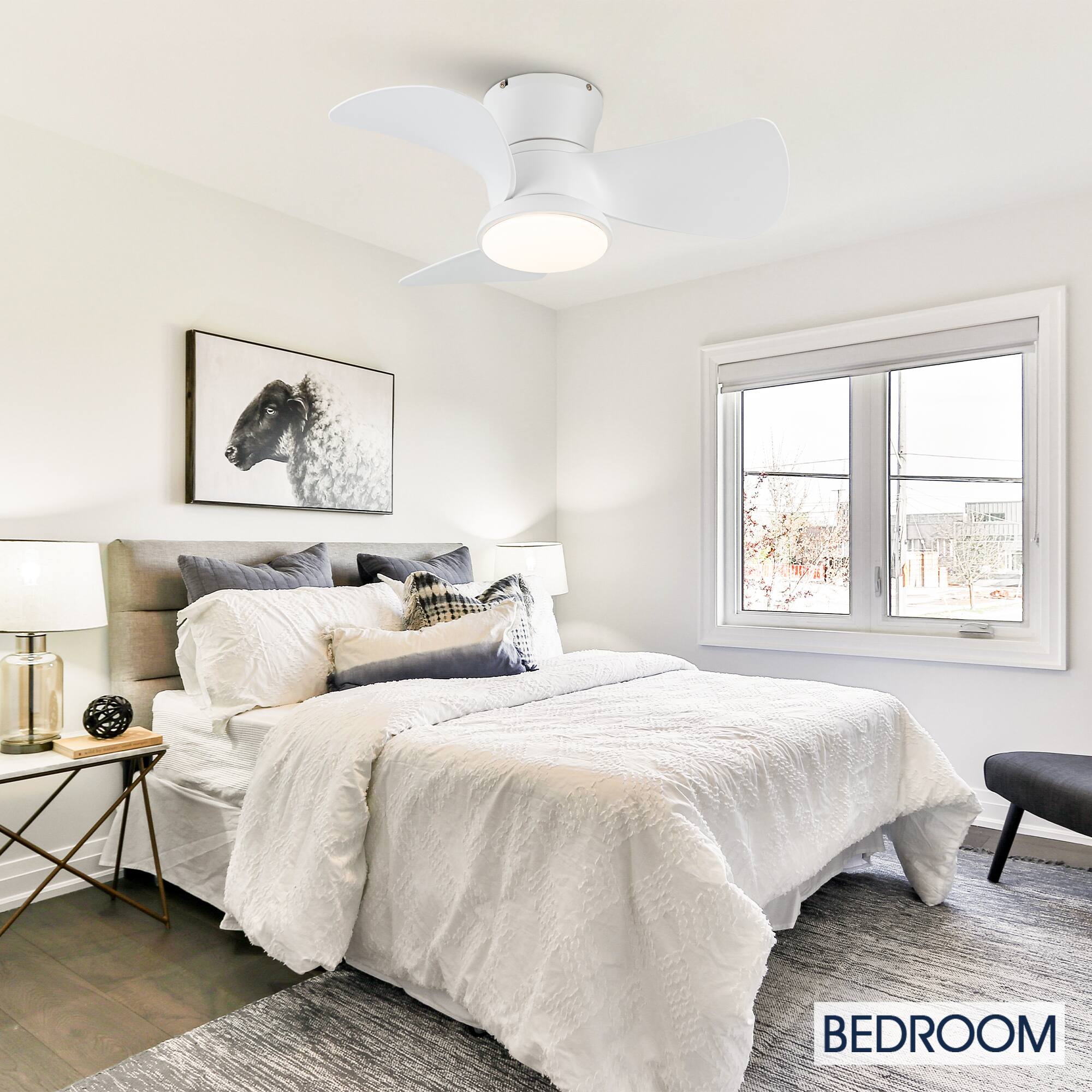 Back. Parrot Uncle - 31" Modern White Dimmable LED Hugger Ceiling Fan with Light and Remote - Matte White.