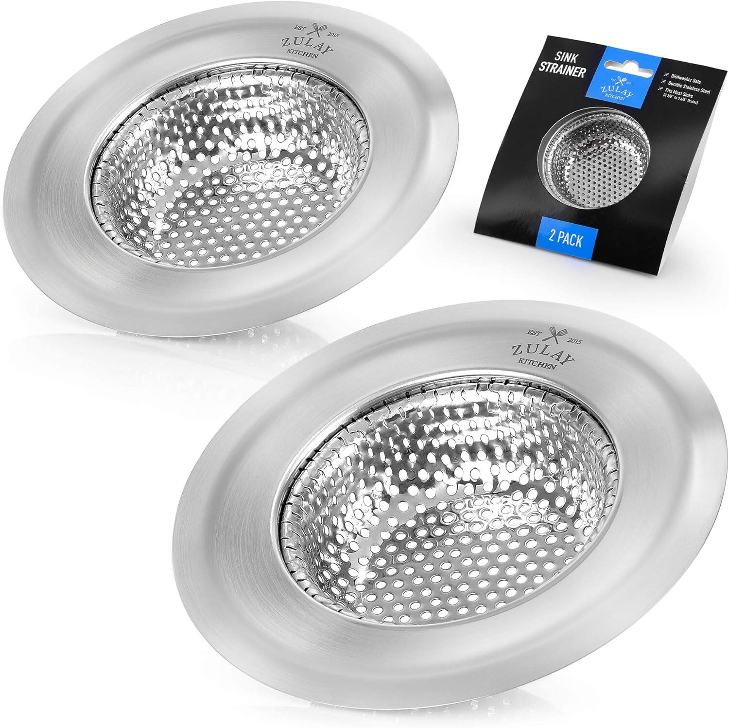 Zulay Kitchen - Sink Drain Strainer (2 Pack) - Wide Rim 4.5” Diameter Stainless Steel Sink Strainer - Silver