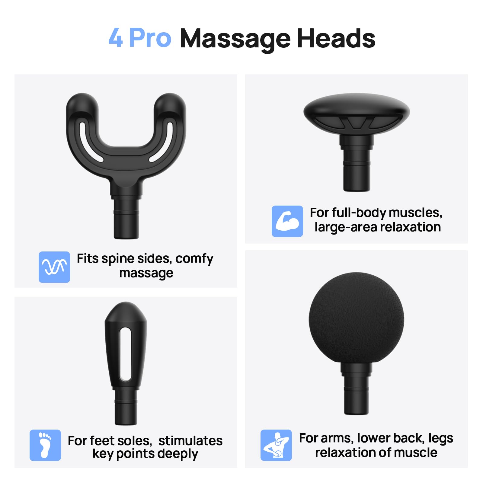 4 Pro Massage Heads

- Fits spine sides, comfy massage
- For full-body muscles, large-area relaxation
- For feet soles, stimulates key points deeply
- For arms, lower back, legs relaxation of muscle