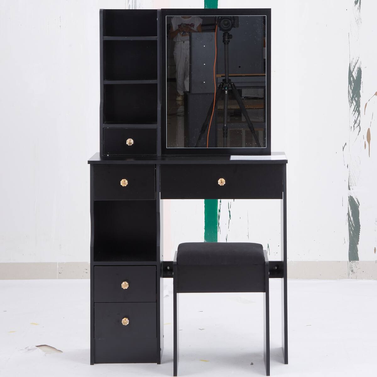 Alt View 6. Loheer - Loheer Small Space Vanity Table with Sliding Mirror and Padded Stool, Black MDF, Compact Bedroom - Black.