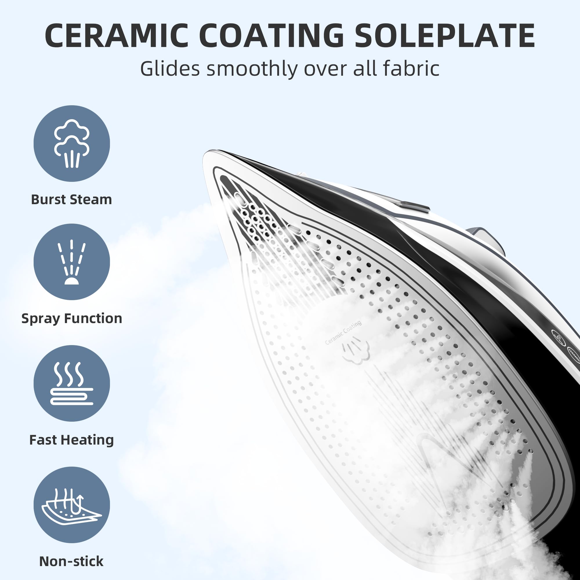 CERAMIC COATING SOLEPLATE  
Glides smoothly over all fabric  

- Burst Steam  
- Spray Function  
- Fast Heating  
- Non-stick