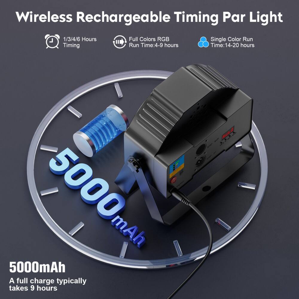 Wireless Rechargeable Timing Par Light

- 1/3/4/6 Hours Timing
- Full Colors RGB Run Time: 4-9 hours
- Single Color Run Time: 14-20 hours
- 5000 mAh
- A full charge typically takes 9 hours