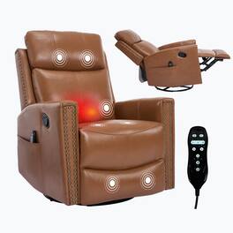 Boyel Living - Deep Genuine Leather Manual Recliner, Heat & Massage, Rocker & Swivel, Living Room Chair - Yellow