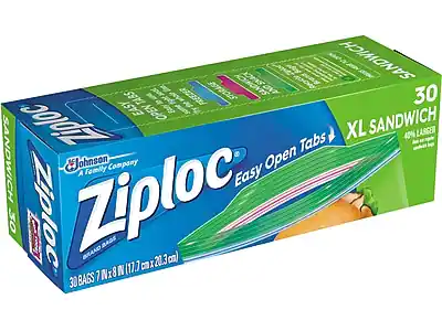 Ziploc Easy Open Tabs
XL Sandwich
30 Bags
40% Larger
30 Bags 7" x 8" (17.7 cm x 20.3 cm)
Johnson Company
A Family Company