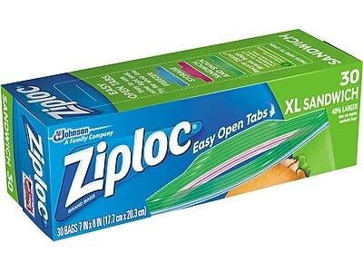 Ziploc Easy Open Tabs  
XL Sandwich  
30 Bags  
40% Larger  
30 Bags 7" x 8" (17.7 cm x 20.3 cm)  
Johnson Company  
A Family Company