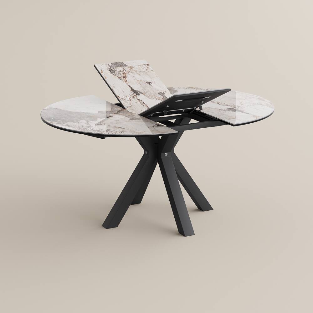 Alt View 8. POVISON - 47"-63" Round Extendable Dining Table for 4-6, Pandora Sintered Stone & Glass Top, Black Steel Legs - Pandora.
