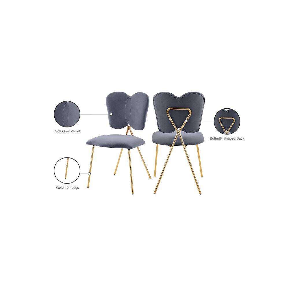 Soft Grey Velvet  
Butterfly Shaped Back  
Gold Iron Legs
