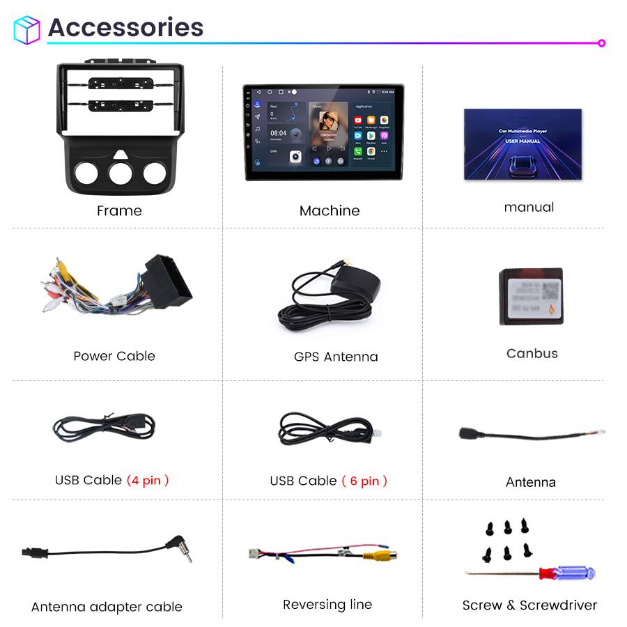 Accessories

- Frame
- Machine
- Manual
- Power Cable
- GPS Antenna
- Canbus
- USB Cable (4 pin)
- USB Cable (6 pin)
- Antenna
- Antenna adapter cable
- Reversing line
- Screw & Screwdriver