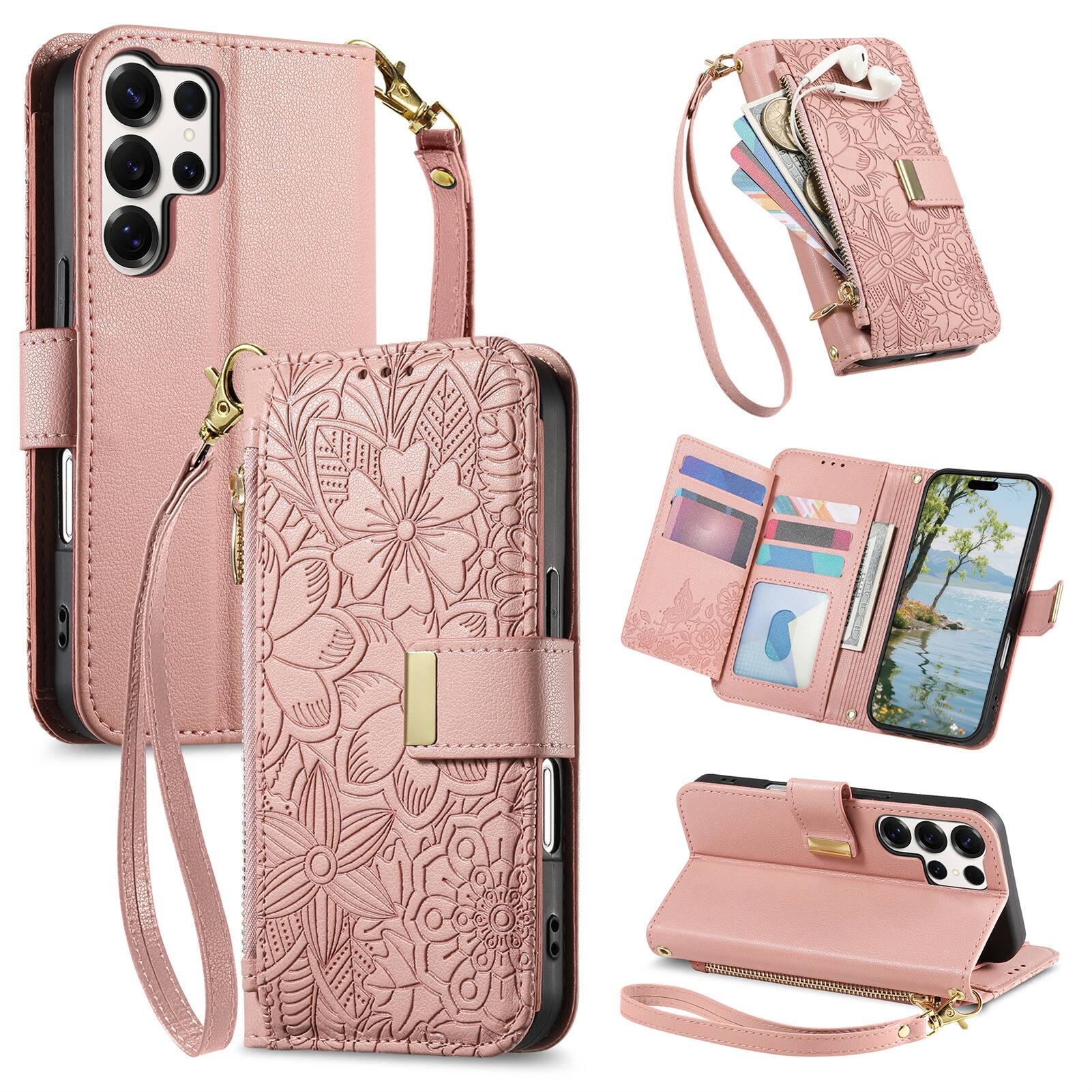 Front. UUCOVER - Floral PU Leather Wallet Case for Samsung Galaxy S25 Ultra with Zipper Pocket, Cash Card Slot, Shoulder & Wrist Strap - Rosegold.