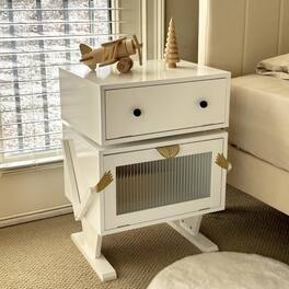 RoyalCraft - Nightstand with LED Light Strips, Rotating Drawer & Glass Door - White