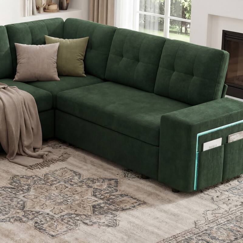 Alt View 2. Dyonery - 112" Modular Sofa Set, L-Shaped 7-Seater Sofa Bed / With Height-Adjustable Storage Chaise Armrests / USB/LED Light. - Green.