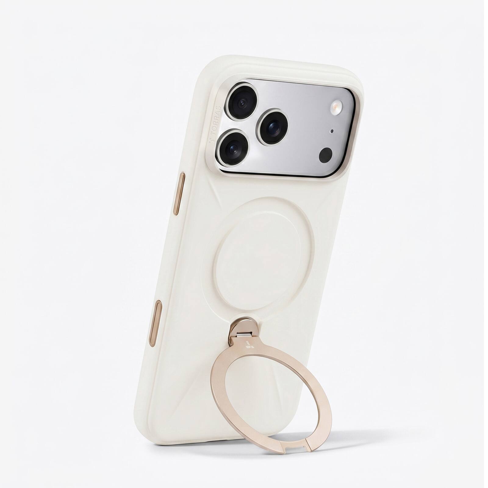 Left. TORRAS - TORRAS Ostand Q3 Silicone iPhone 17 Pro Case: 360° Magnetic Stand, Liquid Silicone, Anti-Dust - Pearl White - Pearl White.