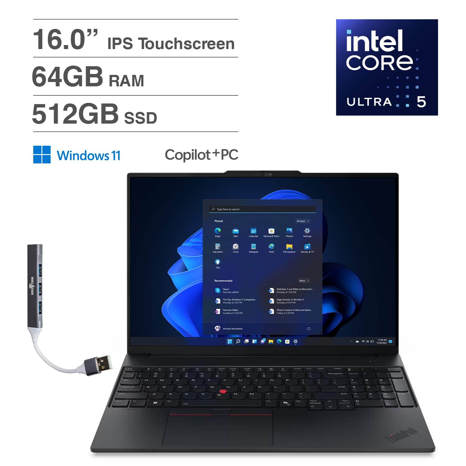 Lenovo - ThinkPad Laptop 16'' Touchscreen (Intel Ultra 5-225U, 64GB DDR5, 512GB SSD, Win 11 Home) w/DKZ USB Port Expander - Black