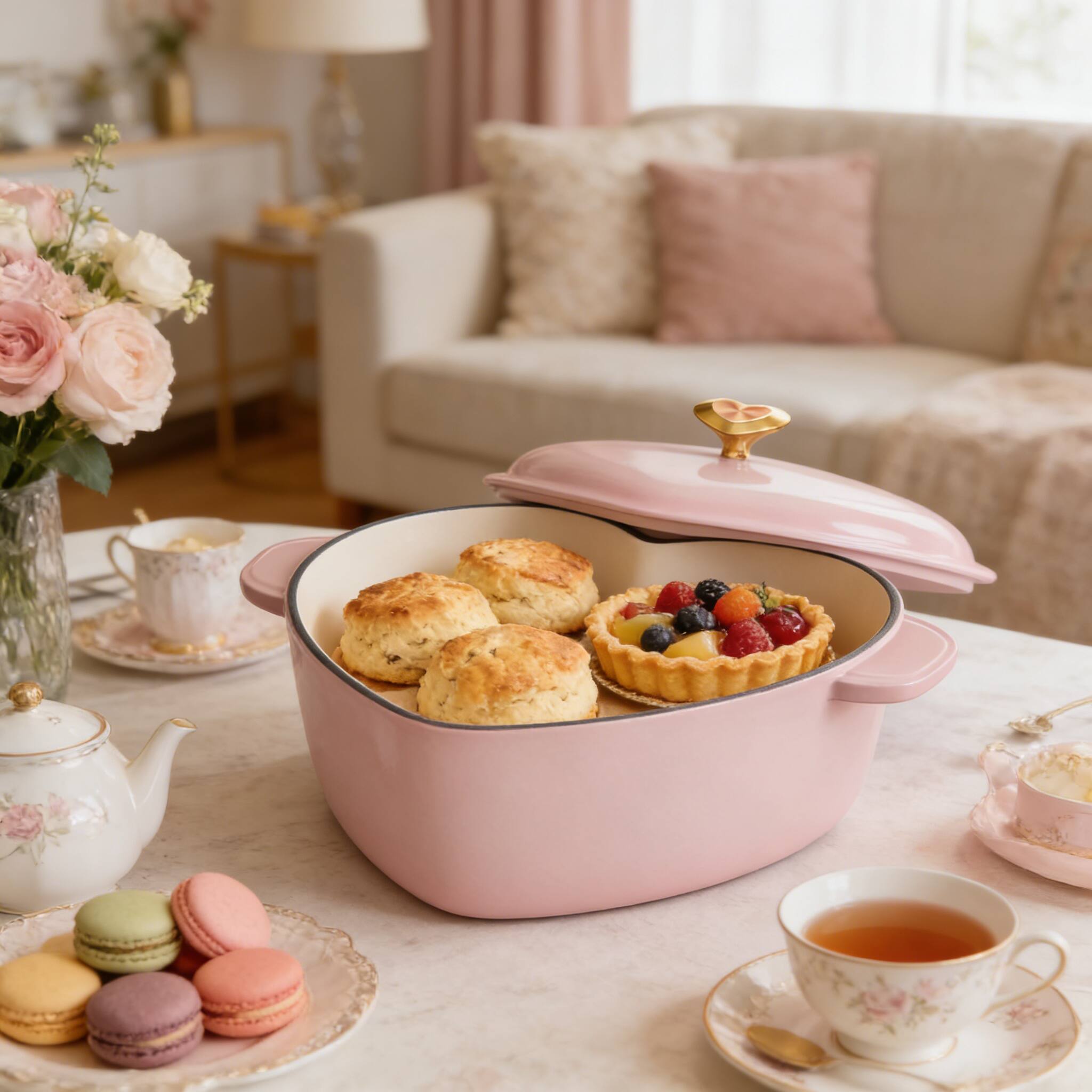 Alt View 5. Winado - 4QT Pink Heart-Shaped Cast Iron Dutch Oven with Silicone Gloves, Oven & Induction Safe Perfect for Stews, Roasts, Baking - Pink.