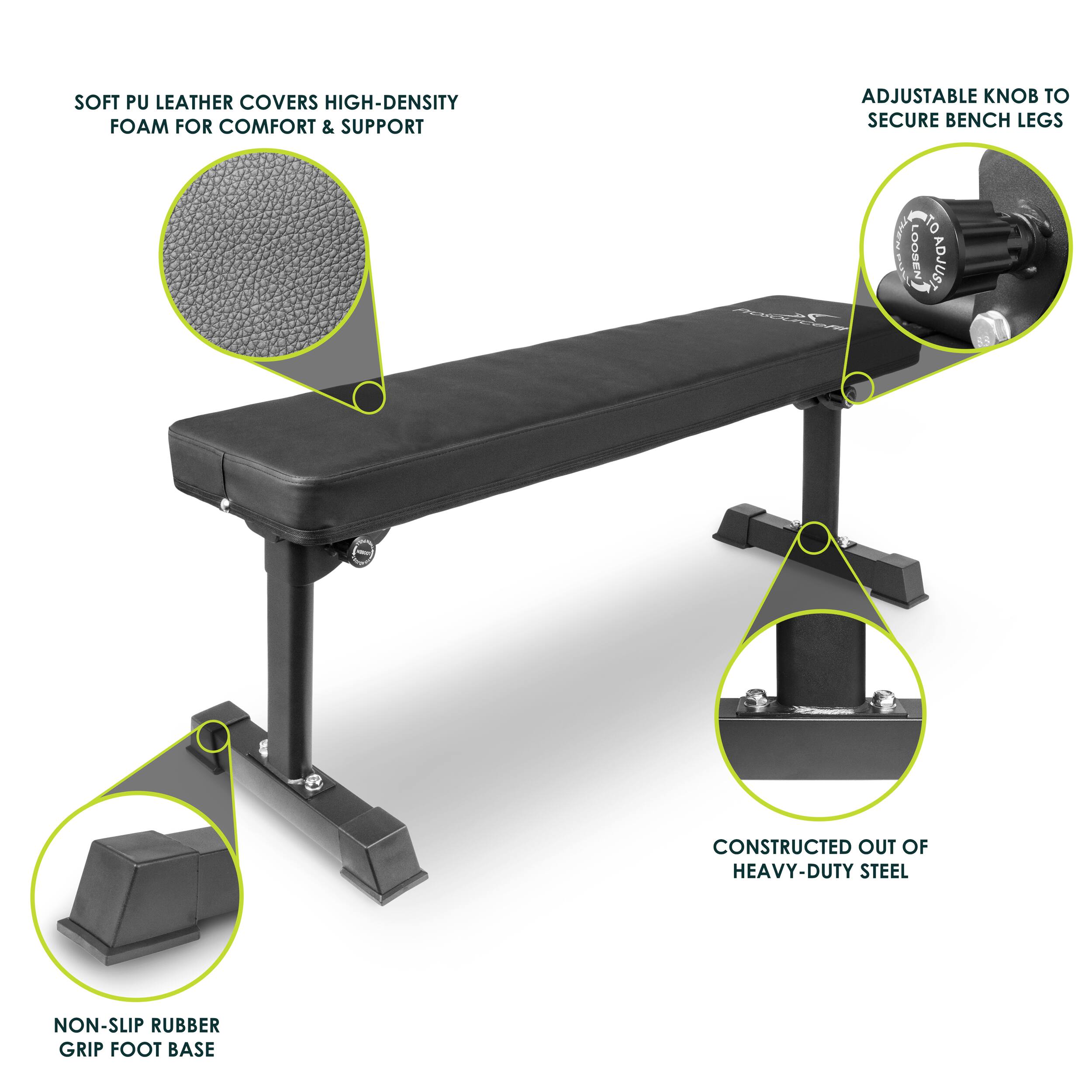 SOFT PU LEATHER COVERS HIGH-DENSITY FOAM FOR COMFORT & SUPPORT, ADJUSTABLE KNOB TO SECURE BENCH LEGS, CONSTRUCTED OUT OF HEAVY-DUTY STEEL, NON-SLIP RUBBER GRIP FOOT BASE