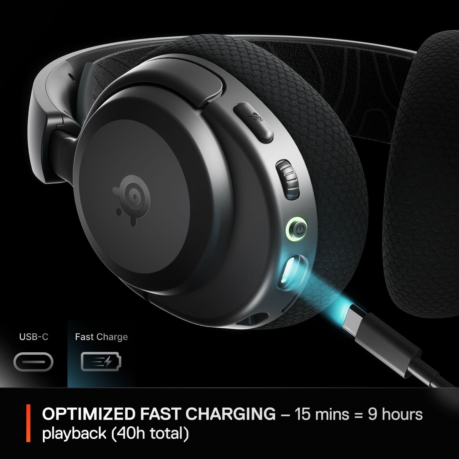 The text on the image reads: "USB-C Fast Charge OPTIMIZED FAST CHARGING - 15 mins = playback (40h total) 9 hours." This text is describing the benefits of using a USB-C fast charge headset, which offers optimized fast charging capabilities. The headset can be charged in just 15 minutes, providing a total of 40 hours of playback time. Additionally, the headset can be used for up to 9 hours without needing to recharge. This makes it a convenient and efficient choice for users who want to enjoy their music or other audio content without worrying about battery life.