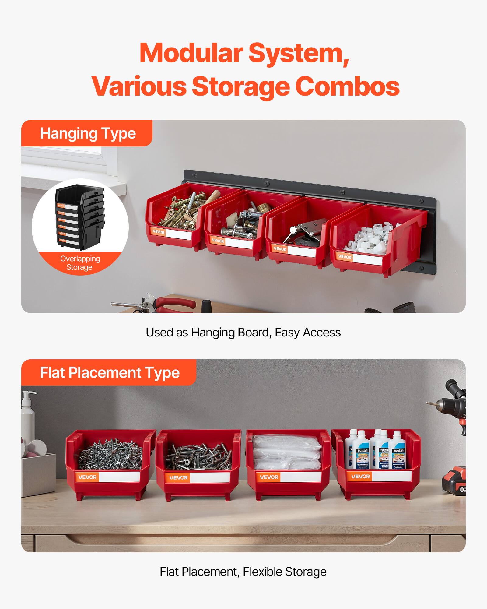 Modular System, Various Storage Combos

Hanging Type  
Overlapping Storage  
Used as Hanging Board, Easy Access

Flat Placement Type  
Flat Placement, Flexible Storage