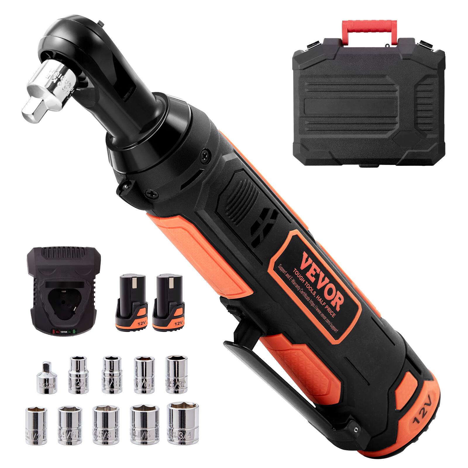 VEVOR - 3/8" Cordless Electric Ratchet Wrench Set, 12V 33 Ft-lbs Power Ratchet Tool Kit, 45-Min Fast Charge - Black Orange